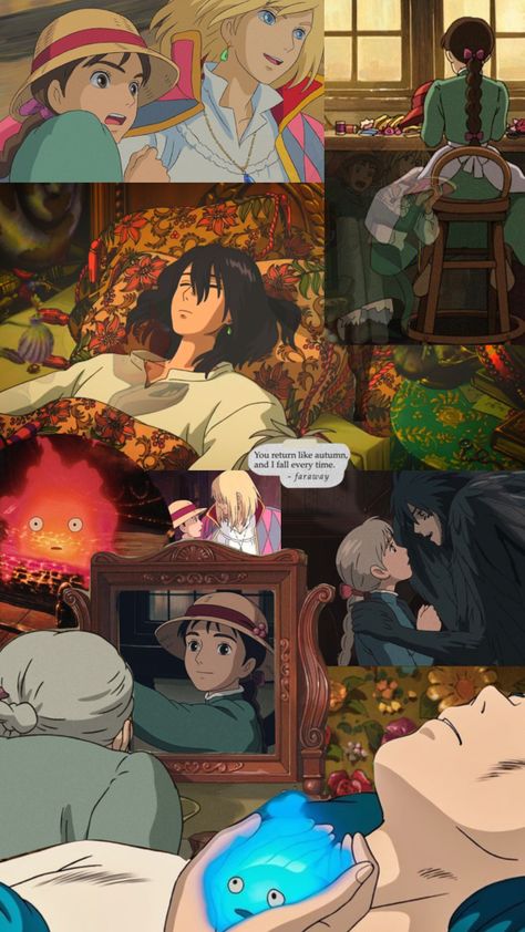 Howls Moving Castle Collage Wallpaper, Howls Moving Castle Moodboard, Howls Moving Castle Wallpaper Aesthetic, Howl's Moving Castle Scenes, Castle Collage, Howls Moving Castle Poster, Howl Movie, Howl's Moving Castle Aesthetic, Howl's Moving Castle Poster