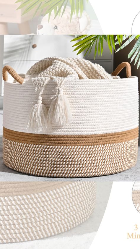 MULTI-PURPOSE STORAGE】:Decorative Basket is a new stylish alternative for all of your storage needs and it fits perfect with any kind of Home Decor. nothing will be lying around when you have our woven baskets in your home. Designed in subtle colors, this nursery organizer basket is too pretty to keep inside. Baby Toy Chest, Rope Blanket, Large Blanket Basket, Blanket Basket For Living Room, Baby Toy Box, Basket For Living Room, Baby Laundry Basket, Rope Projects, Baby Laundry