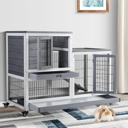 HDJ Rabbit hutch is equipped with 4 wheels and 2 of them have brakes.Upgrade rabbit hutch has a double layer design. First floor is activity area and second floor is rest area.Rabbit cage has two deep trays, one large and one small. Size: One Size.  Color: Gray. Indoor Bunny House Walmart, Indoor Bunny House, Rabbit Hutch Indoor, Indoor Rabbit Cage, Wooden Chicken Coop, Bunny Cage, Wooden Chicken, Bunny Hutch, Guinea Pig House