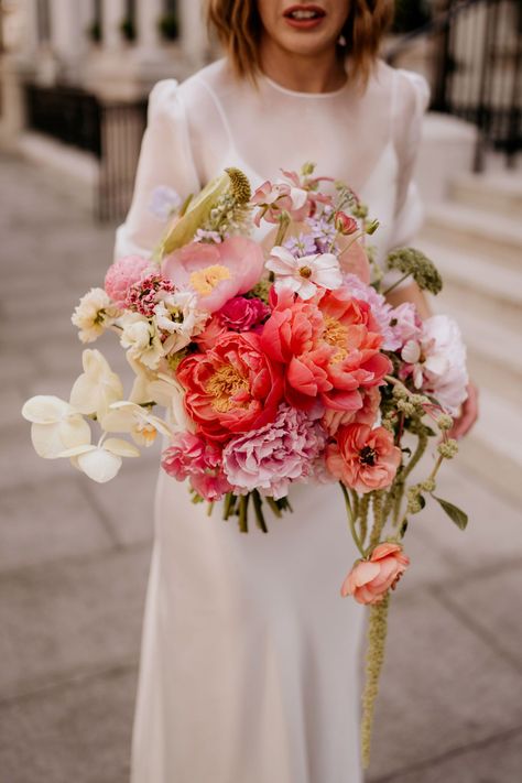 Classic Wedding Dress And Bouquet, Statement Bridal Bouquet, Large Bride Bouquet, Trailing Bouquet Wedding, May Bouquet Wedding, Wedding Bouquet Poppies, Contemporary Bridal Bouquet, Colourful Wedding Flowers Bouquets, Modern Colourful Wedding