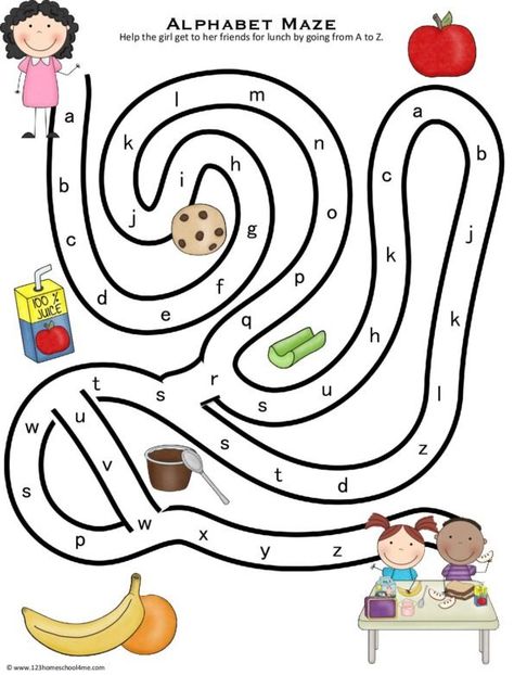 Help the girl go through the free maze worksheet to get her food and sit with her friend in the cafeteria Mazes For Kids Printable, Letter Maze, Free Printable Alphabet Worksheets, Printable Alphabet Worksheets, Maze Worksheet, Alphabet Letter Crafts, Printable Mazes, Alphabet Sounds, Abc Printables