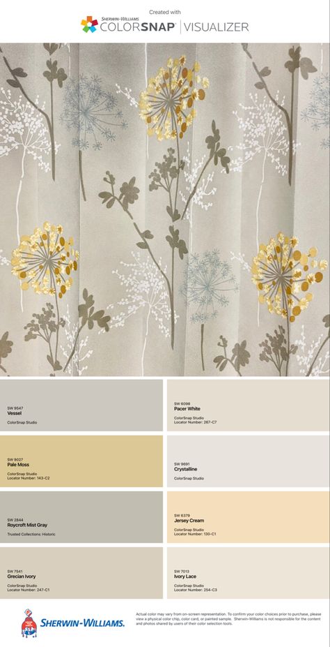 Inspiration for yellow and gray paint color ways. Vessel, Pale Moss, Roycroft Mist Gray, Greecian Ivory, Pacer White, Crystaline, Jersey Cream, Ivory Lace. See mire on rhe blog. Yellow Gray White Color Palette, Yellow Grey White Color Palette, Gray Yellow White Bedroom, Colors That Go With Pale Yellow, Cream Yellow Color Palette, Ivory Color Palette Colour Schemes, Pale Yellow Decor, Cream Color Palette Colour Schemes, Yellow Cream Paint Colors