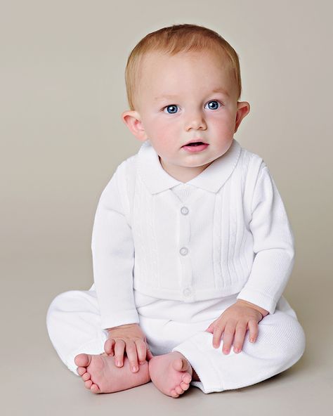 Cute as a button and warm as ever, the Jeffrey Outfit gives the illusion of a suit in a warm knit. Christening Gowns For Boys, Christening Outfits, Baby Christening Outfit, Baby Boy Christening Outfit, Baby Boy Baptism Outfit, Boy Baptism Outfit, Baby Boy Christening, Baby Boy Baptism, Baptism Ideas