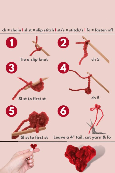 Follow these 6 easy steps to crochet a tiny heart. You can use this heart to embellish small crochet projects. This 1-minute tiny heart crochet pattern is probably the smallest heart you'll find on the internet. Use this mini crochet heart to decorate your valentine's crochet or add to any DIY Valentine's project. Easy Tiny Crochet Projects, Cute Tiny Crochet Projects, Tiny Heart Crochet, Mini Crochet Tutorial, Small Heart Crochet Pattern, Small Heart Crochet, Crochet Decals, Valentine Crochet Ideas, Easy Small Crochet Projects