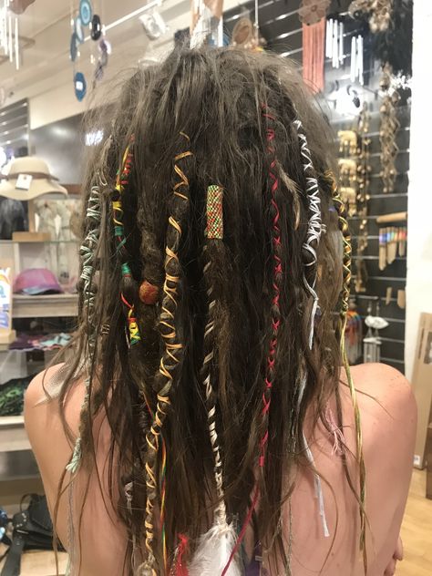 Part Dreaded Hair, Decorated Dreads, Hippie Hair Short, Short Hippie Hair, Yarn Hair Extensions, Dreads Underneath Hair, Hippie Hair Wraps, Hippie Dreadlocks, Hippy Hair