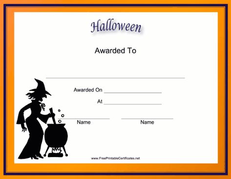 An orange border and a witch stirring a cauldron adorn this free, printable Halloween certificate. It is great for costume parties and pumpkin carving contests. Free to download and print Halloween Certificates Printable Free, Costume Contest Certificate Printable, Witch Invitations Free Printable, Spirit Halloween Coupon, Bonafide Certificate For School, Free Halloween Costumes, Halloween Costume Awards, Halloween Coupons, Childrens Halloween Party