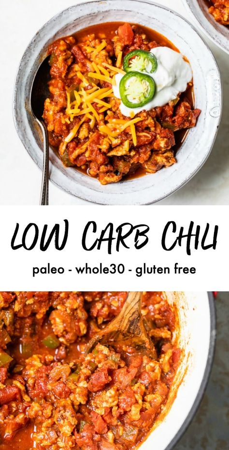 EASY Low Carb Chili made with ground turkey and ready in 15 minutes! This no bean chili is full of flavor, too #chili #lowcarb Easy Low Carb Chili, Chili No Bean, Low Carb Chili Recipe, Ground Turkey Recipes Easy, Ground Turkey Soup, Chili Recipe Healthy, Ground Turkey Recipes Healthy, Healthy Chili, Healthy Ground Turkey