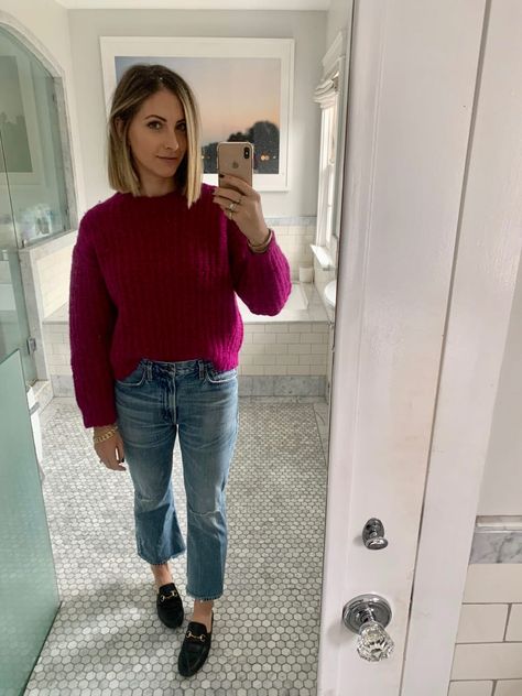 Cashmere Cropped Sweater With Ribbed Cuffs, Hot Pink Sweater Outfit, Cozy Cashmere Crew Neck Top, Everyday Button-up Cashmere Sweater, Cropped Flare Jeans Outfit, Blue Cashmere Sweater With Ribbed Cuffs, Pink Sweater Outfit, Cashmere V-neck Sweater With Ribbed Cuffs, Emily Schuman