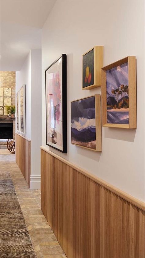 Beautiful fluted timber panelling adds warmth and tactility to this hallway from Scott Cam on The Block.
#theblockshop #interiordesign #hallwayideas #portacontours Half Room Panelling, Half Fluted Wall, Fluted Half Wall, Fluted Wainscoting, Hallway Wood Panelling, Wood Panelling Walls Hallway, Timber Panelling Wall, Wood Half Wall, Timber Wall Panelling