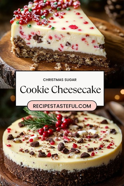 Make your holiday celebrations sweeter with this festive Christmas Sugar Cookie Cheesecake! Featuring a buttery sugar cookie crust and a creamy cheesecake filling adorned with colorful jimmies sprinkles, this stunning dessert is sure to impress your guests! Cheesecake With Sprinkles, Christmas Baking Cheesecake, Christmas Desserts Not Cookies, Christmas Cake Cheesecake, Things To Bake At Christmas, Holiday Christmas Desserts, Holiday Desserts Christmas Pies, Easy Holiday Cheesecake, Sugar Cookie Crust Cheesecake