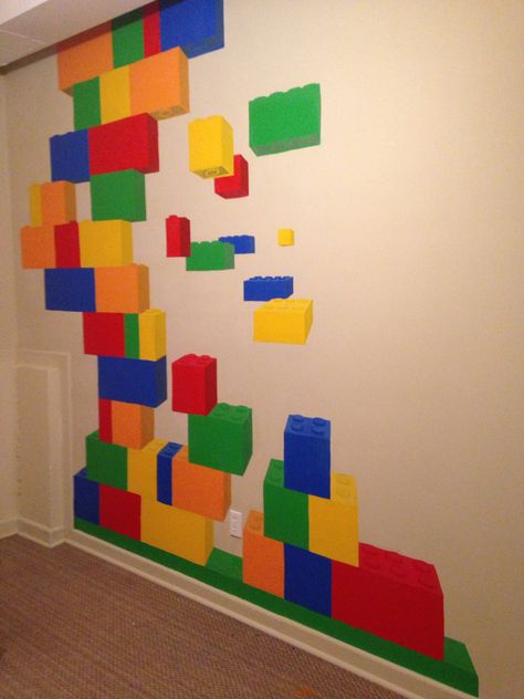 Painted a lego mural in my daughters play room Lego Wall Decor, Lego Mural, Lego Classroom, Wall Decor Classroom, Lego Desk, Lego Room Decor, Lego Bedroom, Lego Wall, Kids Room Paint