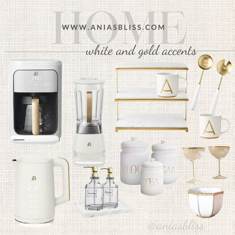 White And Gold Microwave, White And Gold Kitchen Appliances, Cream And Gold Kitchen, White And Gold House, Gold Kitchen Accents, White And Gold Kitchen Ideas, White And Gold Kitchen, Appliances White, Coffee Bars In Kitchen