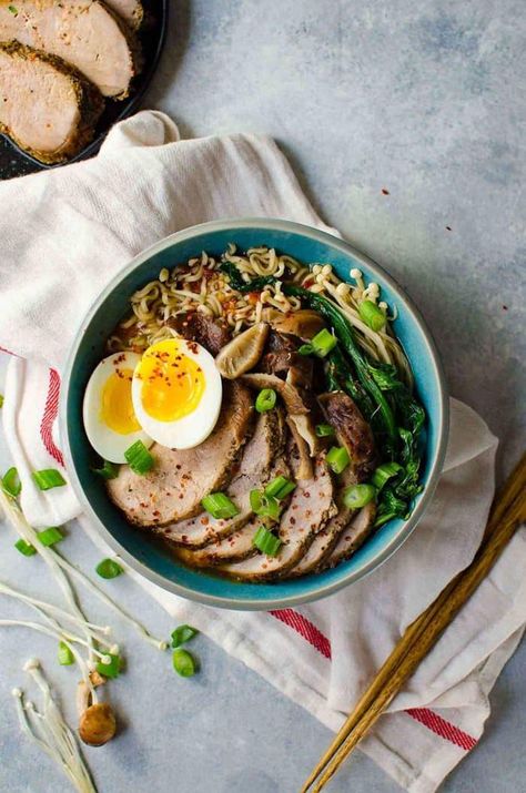 Easy Pork Ramen, Pork Ramen Recipe, Ramen Noodle Recipes Soup, Leftover Pork Tenderloin, Ramen Soup Recipes, Asian Greens, Juicy Pork Tenderloin, Pork Ramen, Easy Ramen