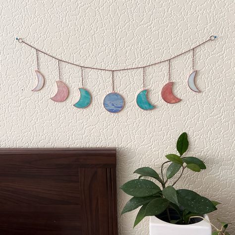 Moon Phase Garland, Bed Frame Headboard, Lovely Aesthetic, Modern Boho Style, Copper Interior, Colorful Wall Hanging, Modern Stained Glass, Art Moon, Desk Mirror