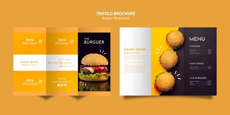 Tasty burger restaurant trifold brochure... | Free Psd #Freepik #freepsd #brochure #food #template #restaurant Burger Brochure Design, Burger Brochure, Accordion Brochure, Creative Burger, Restaurant Brochures, Tasty Burger, Brochure Food, Template Restaurant, Brochure Trifold