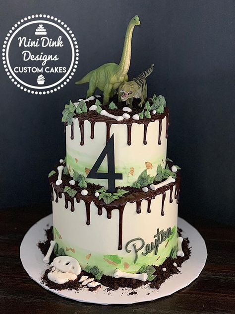 Dinosaur Three Rex Cake, Dino Four Birthday Cake, Dinofour Birthday Cake, Dinasour Birthday Ideas For Boys, Dinosaur Cake 4th Birthday, Dinosaur Birthday Party Cake Cupcakes, Dinosaur Cake For Boys 4th Birthday, Dino Birthday Cake Boys, 2 Tier Dinosaur Cake