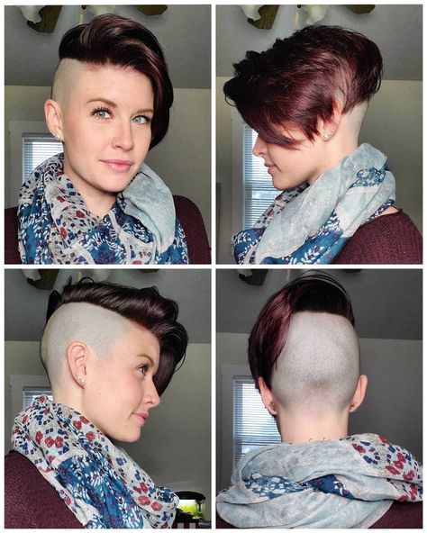 Amanda on Instagram: “I swear it looks way cooler in person! But here I am with some eggplant 360 photos. . . . #purplehair #pixiehair #girlswithpixiecuts…” Extreme Undercut, 360 Undercut, Girls Pixie Cut, Girl Mohawk, Lesbian Haircut, Side Cut Hairstyles, Shaved Pixie, Short Fade Haircut, Shaved Hair Women