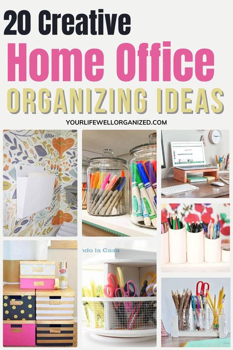 Easy budget-friendly home office organizing ideas. Great for small home office spaces! Organizing Home Office Shelves, Organizing Office At Home, Organizing Ideas For Office, Organizing Ideas For Desk, Home Office Organizing Ideas, Office Organizing Ideas, Scentsy Office, Home Office Organizing, Home Office Organization Ideas