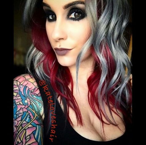 Silver And Burgundy Hair, Black Red And Platinum Hair, Red And Silver Hair Color Ideas, Silver To Red Ombre Hair, Blonde And Merlot Hair, Hair Color Ideas For Summer 2024, Burgundy And Bright Red Hair, Platinum Blonde And Maroon Hair, Blood Red Hair Color