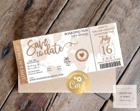 "Bronze Save the Date Ticket Editable Wedding Invitation, Digital Instant Access Destination Wedding Invite, Save the Date Boarding Pass This is an editable 8.75\"x 3.75\" wedding save the date invitation template to share your wedding with friends and family on social media or print and mail to your family! The template will be available for you to edit via Corjl within minutes after purchasing allowing you to share right away! TRY OUR DEMO-----> https://www.corjl.com/d/1ND9KE **If you would li Destination Birthday Invitations, Boarding Pass Invitation, Wild One Birthday Invitations, Etsy Wedding Invitations, Destination Wedding Invitations, Etsy Wedding, Invitation Wedding, Beautiful Invitations, Wedding Save The Date