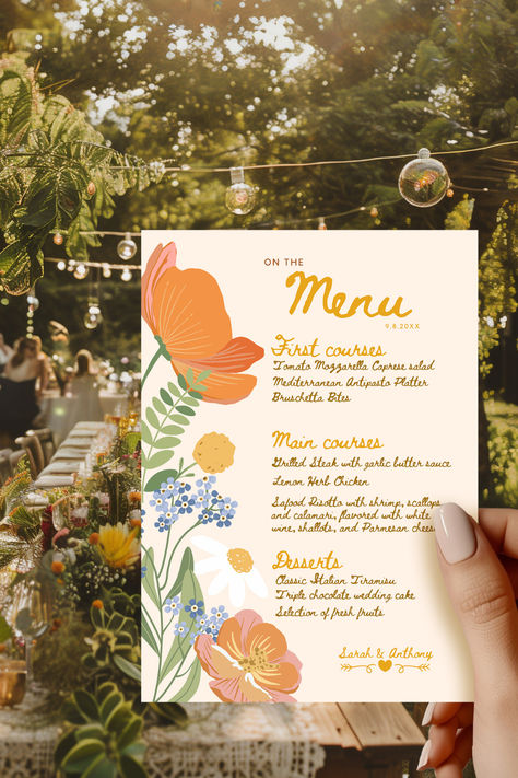 Boho wedding menu template with multicolor hand drawn flowers and trendy handwritten font. All wording is 100% editable in the free version of Canva. Garden Menu Design, Summer Wedding Menu Ideas, Summer Garden Dinner, Summer Party Menu, Party Menu Template, Summer Wedding Menu, Dinner Menu Template, Birthday Party Menu, Boho Floral Wedding