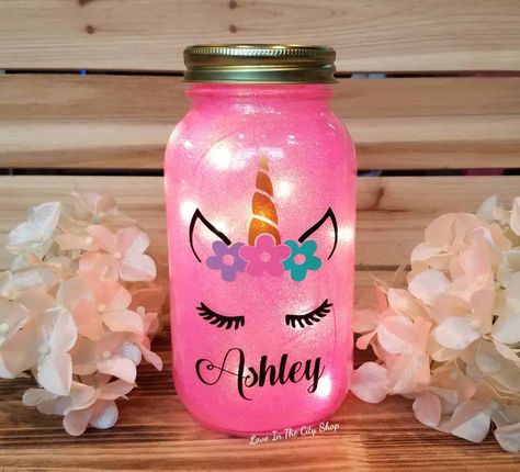 Adorable Unicorn Gift Ideas Unicorn Mason Jar, Glitter Interior, Fairy Lights In A Jar, Glow Jars, Unicorn Light, Christmas House Lights, Light Girls, Diy Lampe, Girl Night