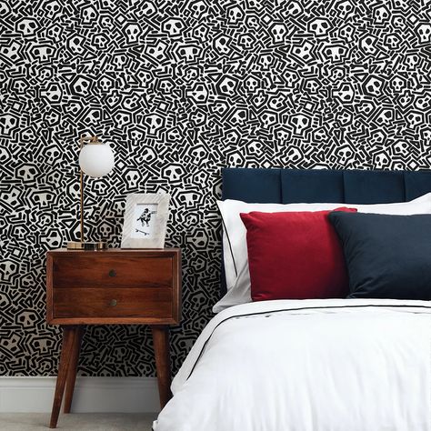 Boy's Bedroom Wallpaper | I Love Wallpaper Wallpaper In Black And White, Skull Bedroom, Boys Bedroom Wallpaper, Black Skulls Wallpaper, Wallpaper In Black, Bedroom For Girls Kids, I Love Wallpaper, Hallway Wallpaper, Bedroom Wallpaper