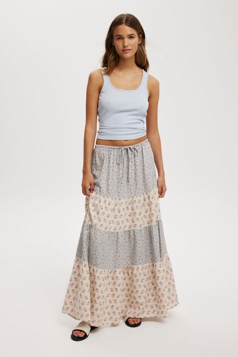 HAVEN TIERED MAXI SKIRT Hozier Concert, Skirt Patchwork, Casual Denim Shirt, Maxi Skirts Summer, Paisley Skirt, Lost Paradise, Maxi Skirt Outfits, Tiered Maxi Skirt, Elevated Style