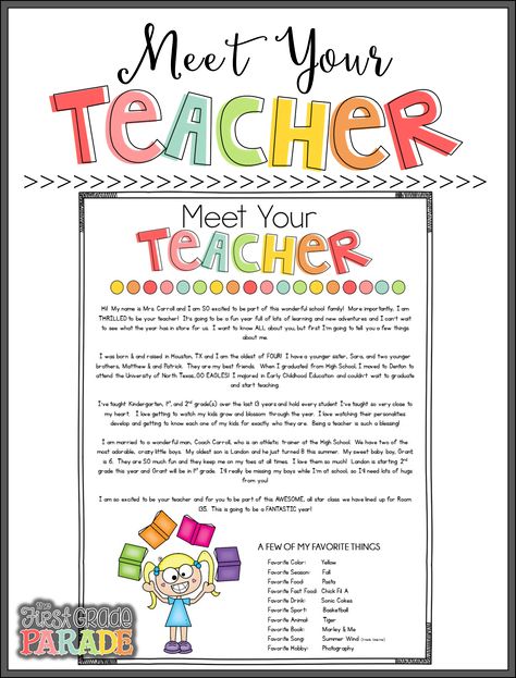 Well...it's about that time.  Time to go back to school.  Do I hear a resonating sigh??  Or are you ready for routine and structure?!  Me p... Meet The Teacher Template Freebie, Meet Your Teacher, Meet The Teacher Letter, Student Treats, Student Information Sheet, First Grade Parade, Teacher Letter, Meet The Teacher Template, Teacher Freebies