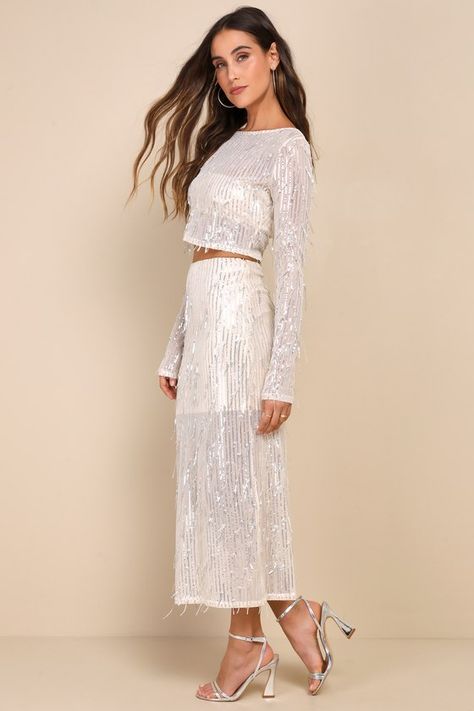 Greatest Sparkle Beige Mesh Sequin Fringe Two-Piece Midi Dress Cocktail Dress Two Piece, Sheer Sparkle Dress, Bachelorette Party Dresses, Fitted Crop Top, Bachelorette Party Dress, Bachelorette Party Outfit, Cocktail Outfit, Jumpsuit Chic, Lulu Fashion