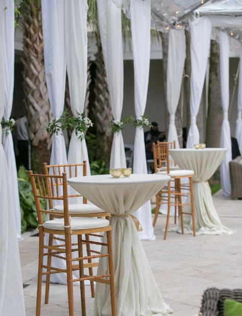 Outdoor Cocktail Party Setup, Cocktail Chairs And Table, Cocktail Hour Poolside Wedding, Wedding Courtyard Cocktail Hour, Cocktail Hour Style Wedding, Cocktail Wedding Set Up, Outdoor Wedding Cocktail Tables, Rustic Cocktail Table Decor, Outdoor Cocktail Party Decorations