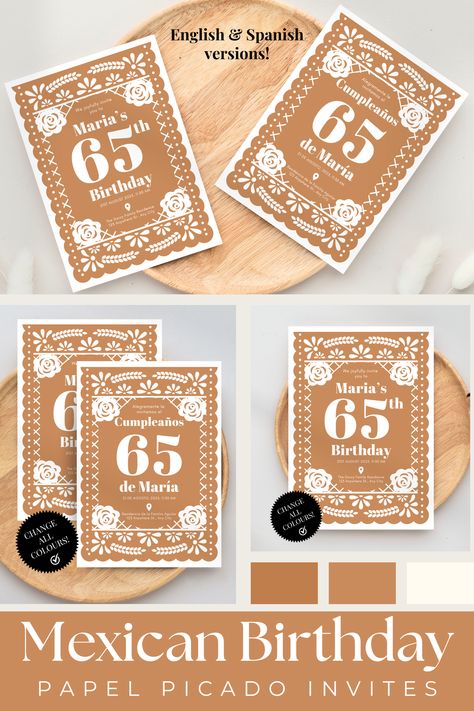 Beautiful and Elegant Mexican Papel Picado Birthday Invitation Template Set of 2, Terracotta, clay, color. Spanish and English versions. Change the color of the entire invite and edit all the text with Canva. Printable Invite Mexican Birthday Invitations, Mexican Birthday, Spanish And English, Spanish English, Mexican Party, Color Theme, Printable Invitations, 30th Birthday, Color Themes