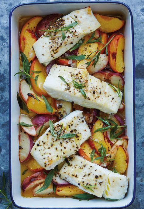 Roasted Halibut with Nectarine Chutney Nectarine Chutney, Halibut Steaks, Healthy Meals Ideas, William Sonoma Recipes, Roasted Halibut, Halibut Recipes, Meals Ideas, Chutney Recipe, Baked Fish