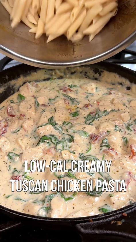 Low-Cal Creamy Tuscan Chicken Pasta #pasta #tuscanchicken #proteinpasta #olivegarden #healthy #italian #alfredo #lowcalorie #healthymeal #dinner #easydinner #lowfat #highprotein #foodie #lowcal #protein #macros #fatloss #weightloss #cleaneating #flexibledieting #mealprep | Michael Kory | Michael Kory · Original audio Low Calorie Chicken Pasta, Low Cal Pasta, Low Calorie Pasta Sauce, Italian Alfredo, Low Calorie Pasta Recipes, Creamy Tuscan Chicken Pasta, Low Cal Dinner, Protein Macros, Low Calorie Pasta