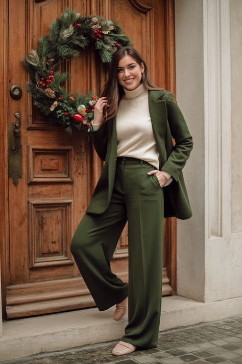 Woman in green trousers and cream sweater near a festive wooden door with a holiday wreath. Chic Christmas Outfit, Festive Christmas Outfit, Xmas Outfit, Christmas Outfit Ideas, Sparks Joy, Chic Christmas, Green Pants, Holiday Looks, Cream Sweater