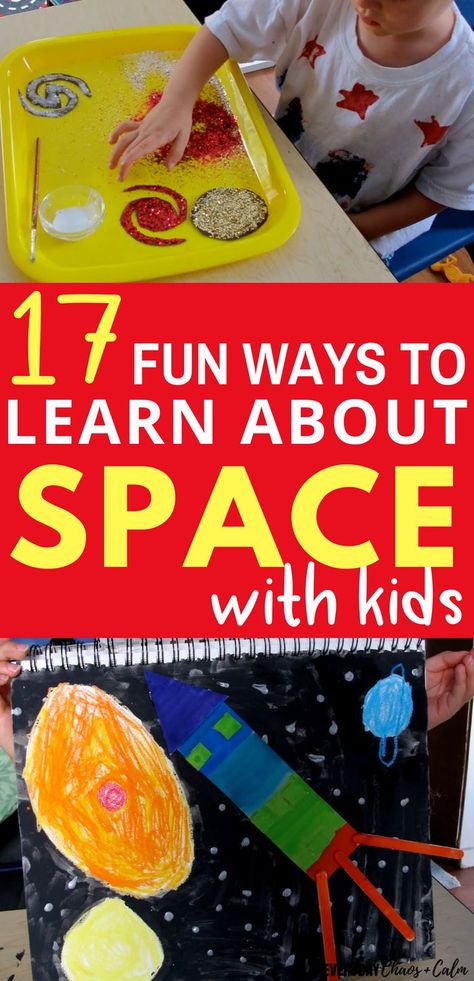 Crafts for Kids: Try out these fun space crafts and activities for preschoolers or toddlers Science Theme Preschool, Prek Space Activities, Space Stem Activities For Kids, Planets Crafts For Kids, Astronomy Crafts, Space Lesson Plans, Outer Space Activities, Science Activities For Toddlers, Space Week