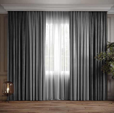 This curtain panels add texture and elegance to any room in your home.The overall look is augmented by its luxurious hand feel and rich color. Bring a luxurious upgrade to your living space with this velvet curtain panel. Sun blocking curtains made of a high quality fabric can keep noise out, which can be better guarantee the quality of your sleep.These curtains block out a lot of sunlight and UV rays protecting your furniture from sun ravages while still allowing some natural light to flow thro Curtains And Drapes Living Rooms, Hotel Curtains Living Room, Gray Couch Curtain Ideas, Full Height Curtains, High Curtains Living Room, Elegant Curtains Living Room Luxury, Luxury Curtains Bedroom, Salon Curtains, Black And Grey Curtains