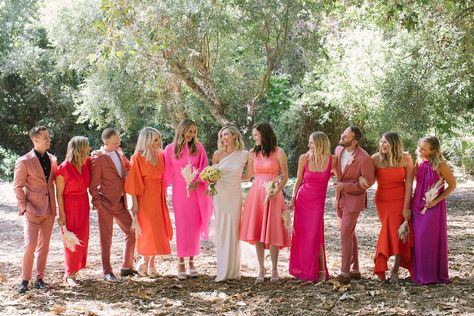 Bridesmen And Bridesmaids, Pink And Orange Bridesmaids, Pink And Orange Wedding Theme Groomsmen, Orange And Pink Bridesmaid Dresses, Pink Encouraged Wedding, Red Orange Pink Wedding Color Palettes, Pink And Orange Bridesmaid Dresses, Pink Orange Red Bridesmaids, Desert Coral Bridesmaid Dresses With Groomsmen