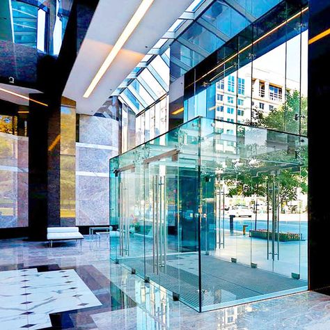 Custom Structural Glass Vestibule Glass Vestibule, Architecture Glass Building, Glass Office Building, Glass Building Facade, Glass Front Commercial Building, Ski Chalet Interior, Glass Facade Office Building, Glass Porch, Base Building