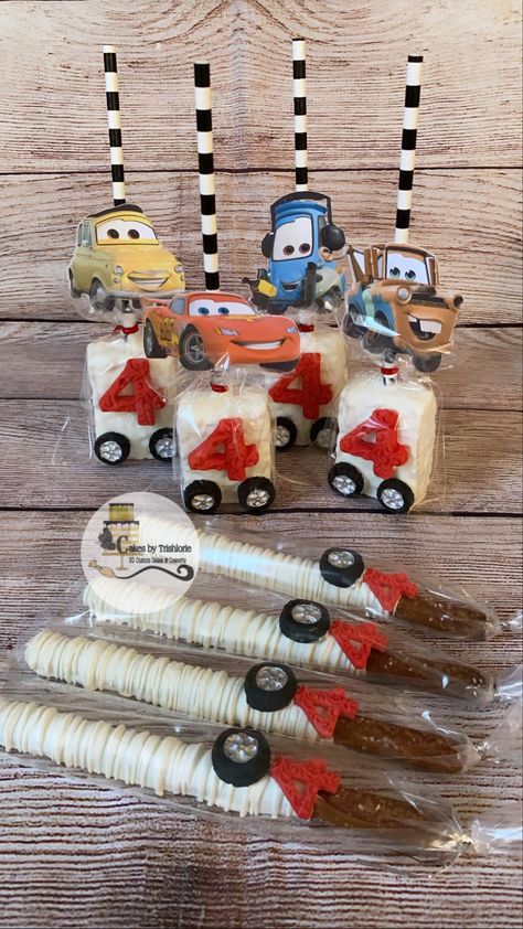 Cars Pretzel Rods, Cars Theme Rice Krispies, Cars Theme Treats Party Ideas, Cars Birthday Smash Cake, Cars Theme Birthday Party Food Snacks Ideas, Disney Cars Rice Krispie Treats, Disney Cars Dessert Ideas, Cars Party Treats, Cars Rice Krispy Treats