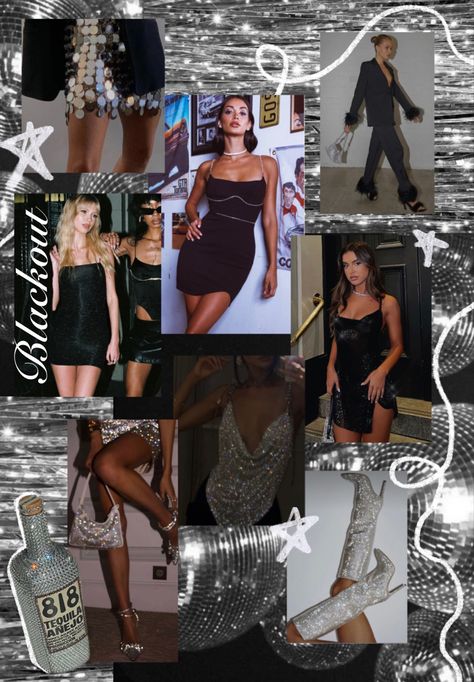 Black Tie Disco Theme, Glitz And Glam Bachelorette Party Vegas, Black And White Disco Outfit, Black Disco Outfit Ideas, Black Out Bachelorette Theme, Disco And Tequila Bachelorette, Chrome Bachelorette, Black And Diamonds Outfit, Sequin Party Theme