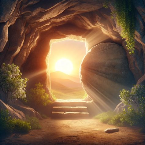 A serene scene of an open, empty tomb at sunrise. The background features a rising sun symbolizing hope and resurrection. The entrance of the tomb is framed by natural rock walls and lush greenery, creating a peaceful and sacred atmosphere. The light of the sunrise gently illuminates the scene, highlighting the significance of the empty tomb. Jesus Tomb Pictures, Empty Tomb Painting, Love In Bible, Christ Tomb, Easter Tomb, Easter Inspiration Decor, The Empty Tomb, Jesus Tomb, Easter Paintings