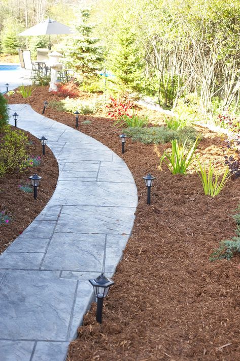 How to Build a Sloped Path. A sloped walkway is a way to add some flavor to your property's landscaping.  Creating a walkway will make navigating a slope much easier. The walkway will also direct people to walk onit instead of the grass so there's little risk of damage to other areas of your yard or garden. Cedar Mulch, Types Of Mulch, Mulch Landscaping, Pergola Pictures, Low Maintenance Landscaping, Garden Shrubs, Low Maintenance Garden, Landscape Fabric, Painting Concrete