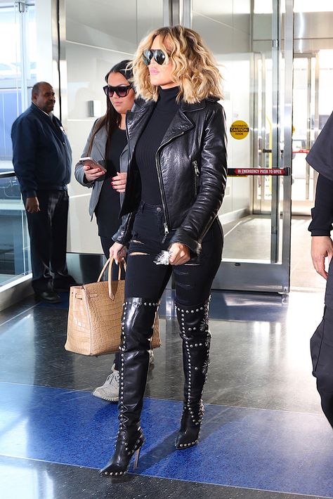 Khloe Kardashian heads to JFK airport in thigh-high studded bootsPictured: Khloe KardashianRef: SPL1209337 150116 NON-EXCLUSIVEPicture by: SplashNews.comSplash News and PicturesUSA: 1 310-525-5808London: 44 (0)20 8126 1009Berlin: 49 175 3764 166photodesk@splashnews.comWorld Rights Thigh High Heels Outfit, Black Thigh High Boots Outfit, Estilo Khloe Kardashian, Khloe Kardashian Outfits, Thigh High Boots Outfit, High Heel Boots Outfit, Red Leather Dress, Khloe Kardashian Style, Estilo Kardashian