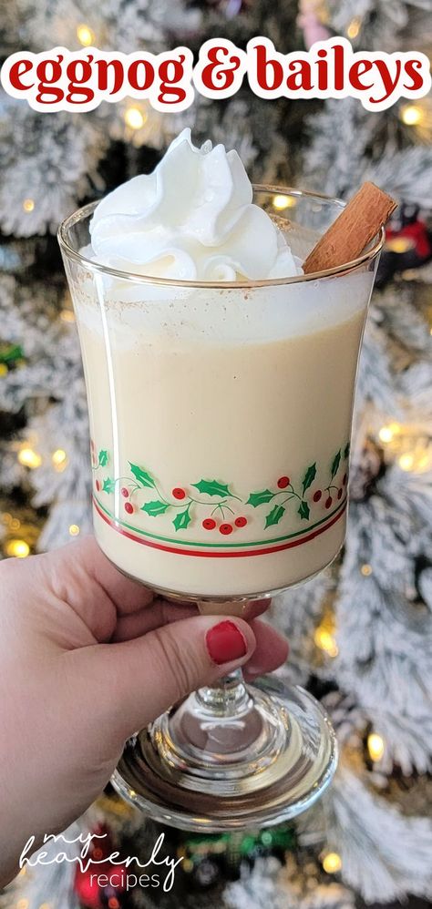 Eggnog and Baileys Cocktail Recipe- christmas festive holiday alcoholic drink to make. Fun christmas party cocktail. Easy eggnog what to make with it. Baileys Eggnog Recipe, Christmas Eggnog Drinks, Christmas Breakfast Drinks, Easy Christmas Drinks, Eggnog Cocktail Recipe, Eggnog Recipe Spiked, Homemade Liqueur, Alcoholic Eggnog, Liqueur Recipes