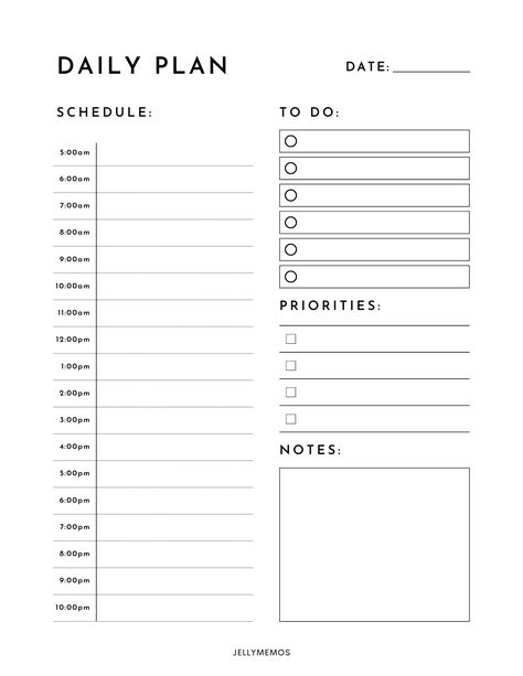 daily planner page with a 5am to 10pm schedule on the left side and to do list, priorities and notes areas on the right side. Daily Planner 5am To 10pm, To Do Study List, Day To Day Planner, Daily List Template, Daily Routine Schedule Template Free, Study Planner Daily, Good Notes Daily Planner Template Free, Daily To Do List Ideas For Students, Simple To Do List Ideas