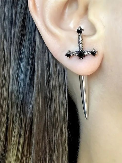 1pair Unisex Gothic Sword Shaped Ear Cuff Drop Earrings, Festival Party Dance Costume JewelryI discovered amazing products on SHEIN.com, come check them out! Earrings Edgy, Halloween Costume Props, Dagger Earrings, Edgy Earrings, Earrings Gothic, Front Back Earrings, Quirky Earrings, Future Style, Gothic Earrings