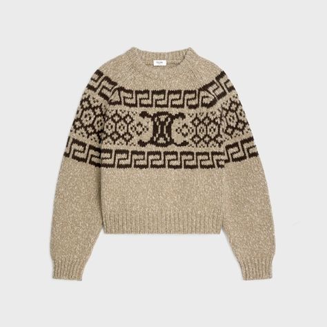 CREW NECK SWEATER IN TRIOMPHE FAIR ISLE WOOL - TAUPE | CELINE Motif Fair Isle, Celine Triomphe, Casual Dress Shoes, Handbags Leather, Bare Necessities, Jackson Hole, Knitwear Men, Winter Looks, Leather Goods