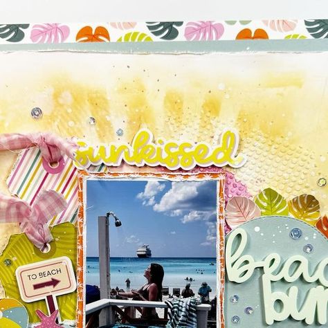 Melissa Minor on Instagram: "I created my first layout using @colorrushstudio July Acrylic subscription. The Beach Bum acrylic title worked perfectly to document this picture of my daughter Taitym while we were in the Bahamas a couple years back. The pink frazzle I tied to the tags was part of the packaging from the subscription kit. I used Simple Stories-Just Beachy paper collection. You can see a little mixed media background using Distress Oxide inks, Shimmerz Paints, and some texture paste. I love the way this layout turned out!
#simplestories #colorrushstudio #mixedmedia #acrylic #acrylicsubscription #shimmerzpaints #scrapbooking #scrapbook #scrapbooklayout #beachlayout #summerscrapbooklayout #beachbum" Summer Scrapbook Layouts, Media Background, Color Rush, Texture Paste, Distress Oxide Ink, Distress Oxides, The Bahamas, Simple Stories, Beach Bum