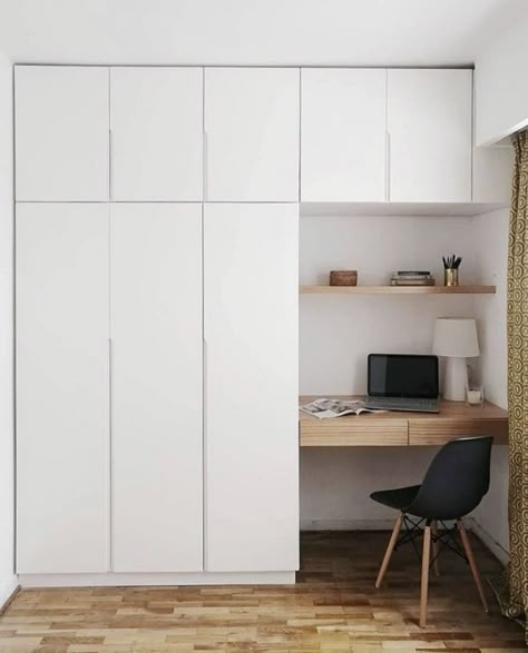 Wardrobe Home Office, Built In Cupboards With Desk, Study In Wardrobe, Small Room Cupboard Design, Desk In A Wardrobe, Desk Next To Wardrobe, Home Office Cupboard, Bedroom Built In Cupboards, Small Bedroom With Desk And Wardrobe